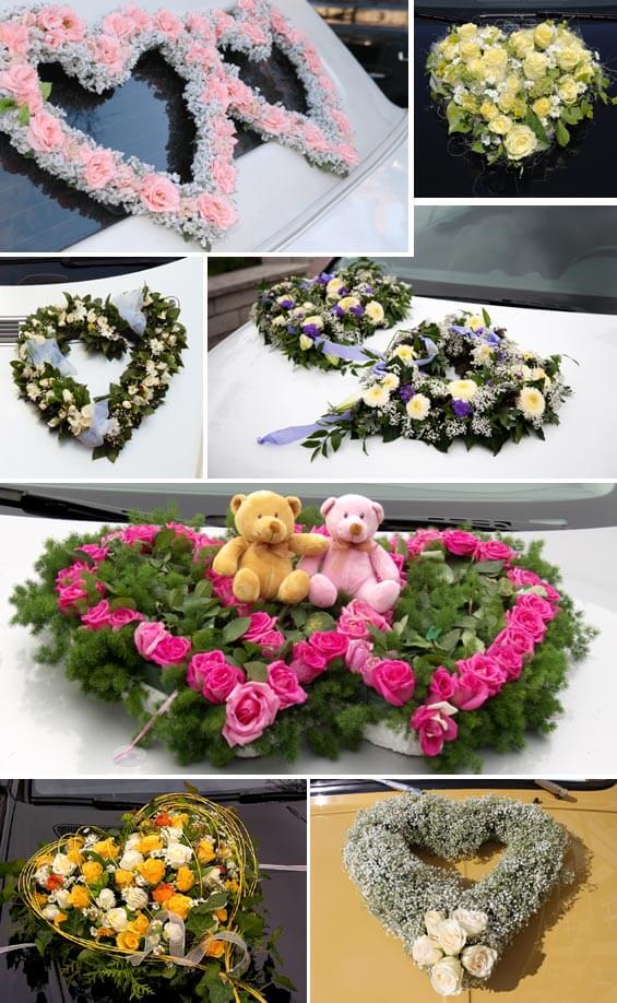 Autoschmuck zur Hochzeit in Herzform aus Blumen