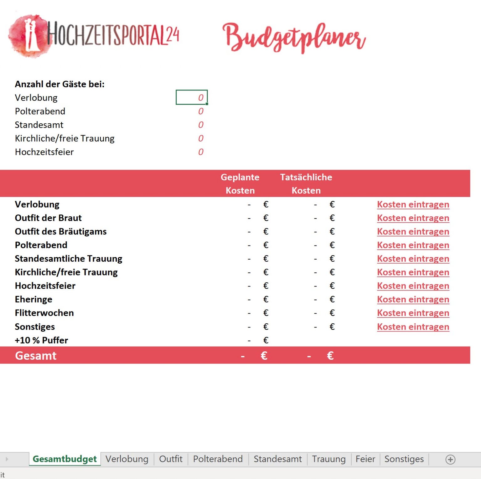 Budgetplaner Hochzeit zum Ausfüllen in Excel | Gratis-Download