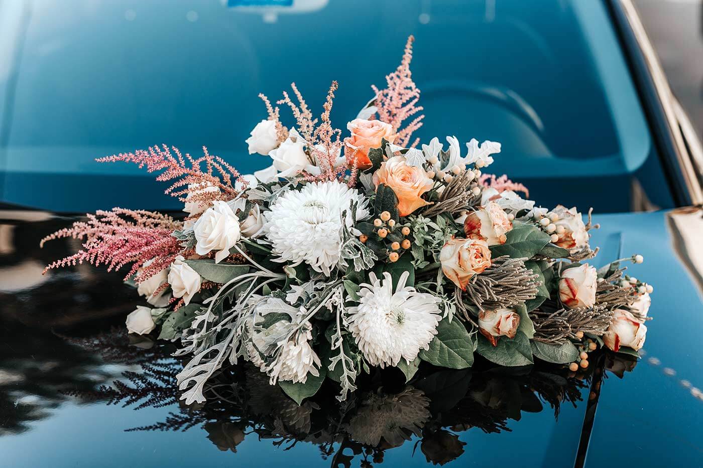 Hochzeit Autoschmuck Deko SALMON Blumen