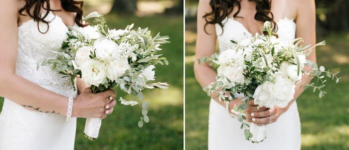 Brautstrauß mit weißen Blumen und Eukalyptus