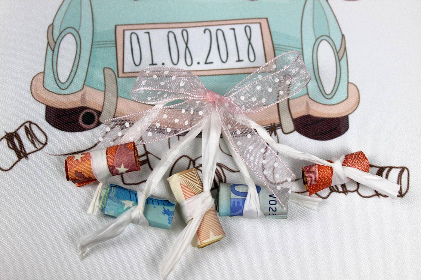 Hochzeitskissen mit Auto und Gelddosen Kreatives Geldgeschenk!